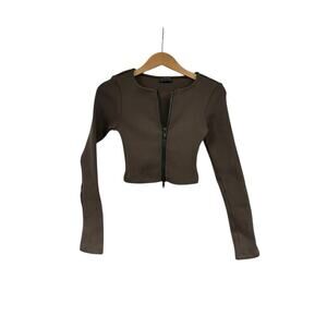 White Fox The Real Thing Brown Ribbed Double Zipper Cropped Sweater Womens XS